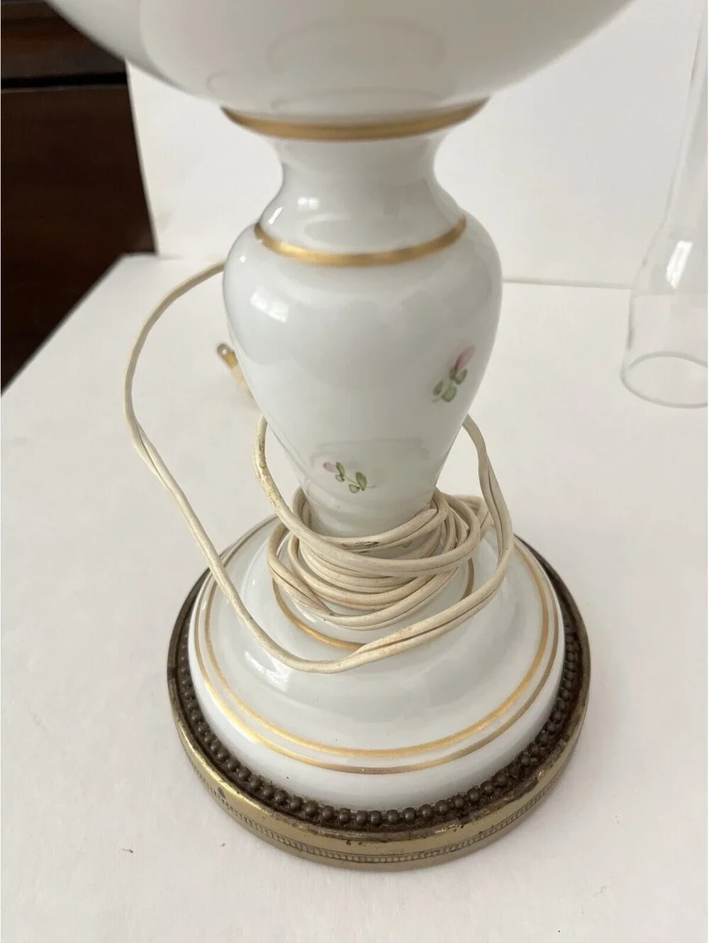 Mid-Century Vintage Kerosene Oil Lamp Porcelain Floral White Base Glass Chimney